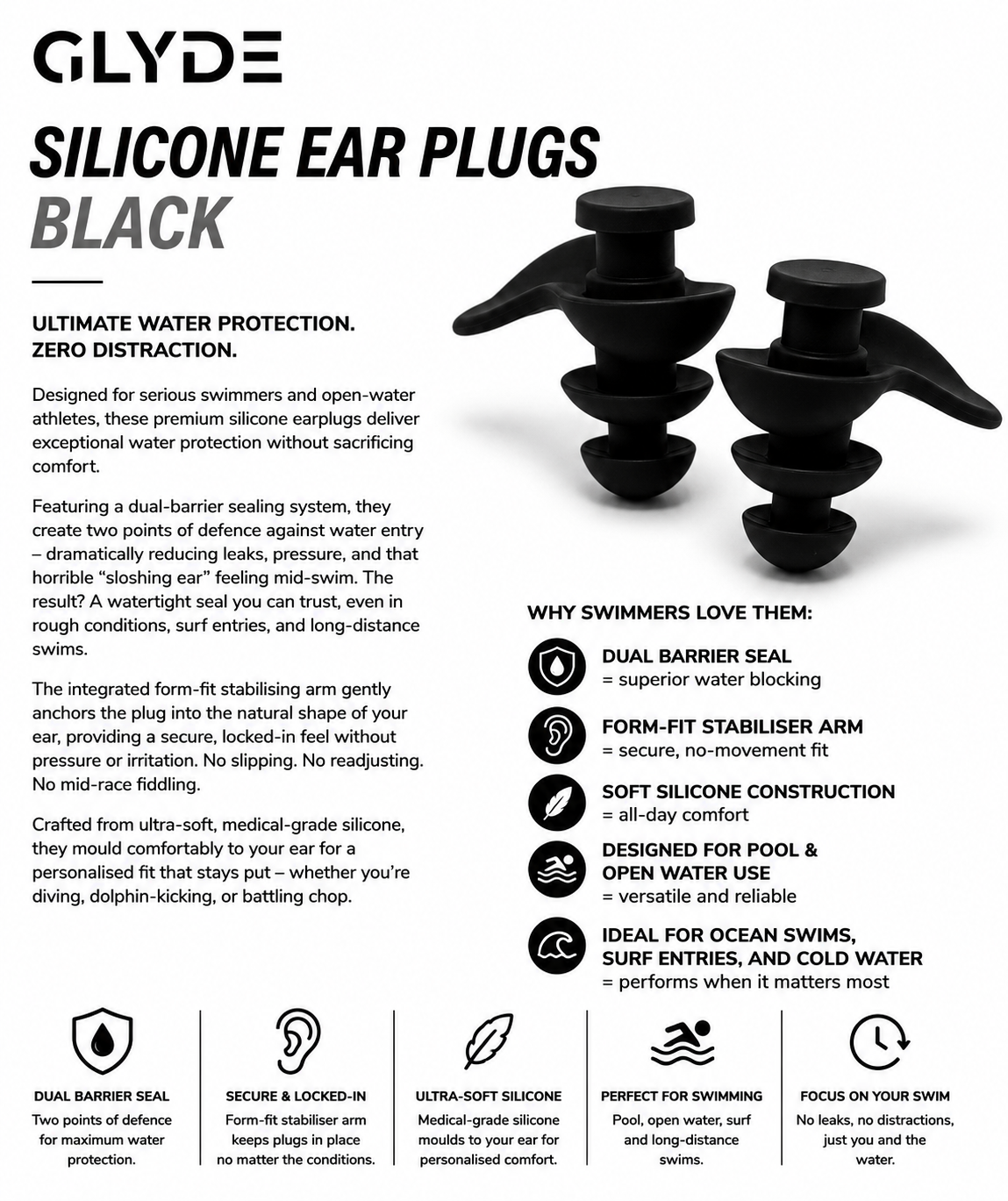 GLYDE HYDRALOCK SILICONE MOULDED EAR PLUGS - GREY